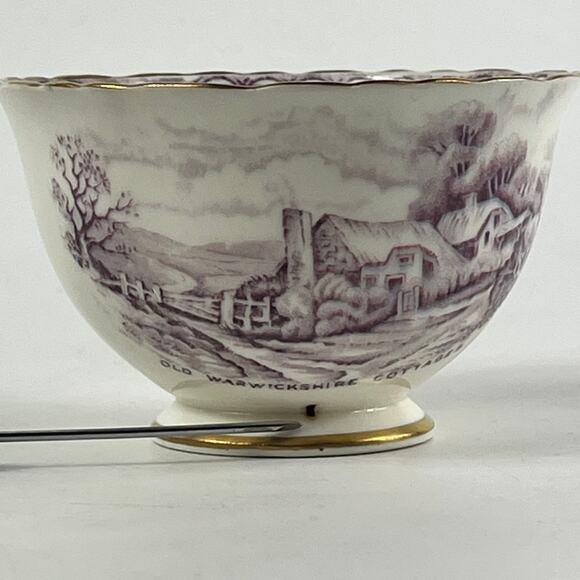 Sutherland China Tea Bowl Historical Britain Warwickshire Purple Gold Rim 1950s - Picture 13 of 13
